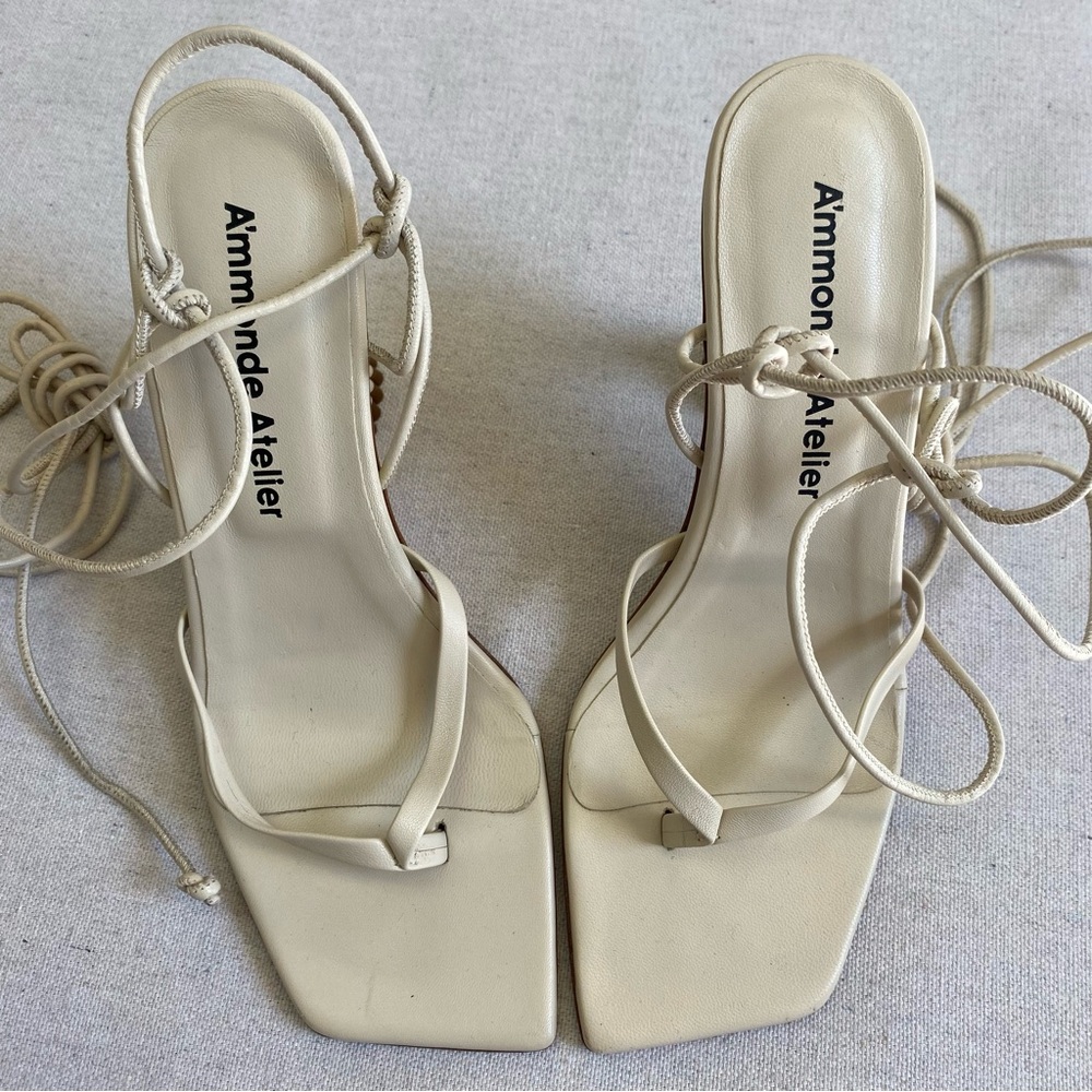 A'mmonde Atelier Square Toe Heels Ivory Anastassia 100 Ankle Tie Size 36.5 - Picture 4 of 10